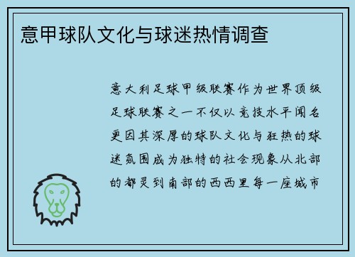 意甲球队文化与球迷热情调查